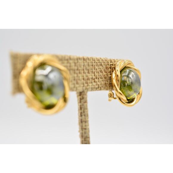 Givenchy Vintage Cabochon Clip On Earrings Gold Green Signed Runway 1980s BinAK - Picture 5 of 12